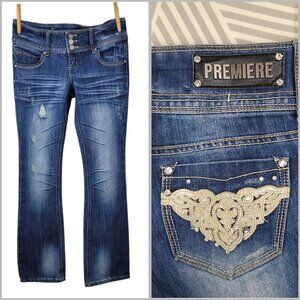 PREMIERE Boot Jeans 5/6 Regular Blue Low Rise Bling Pocket Y2K Distressed VTG